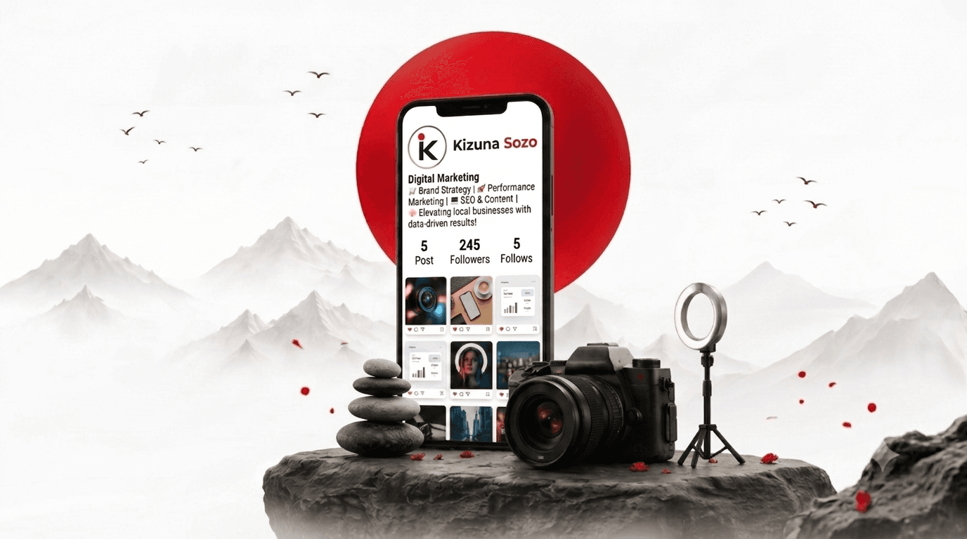 Creator Setup with Phone, Ring Light, and Camera on a Rock